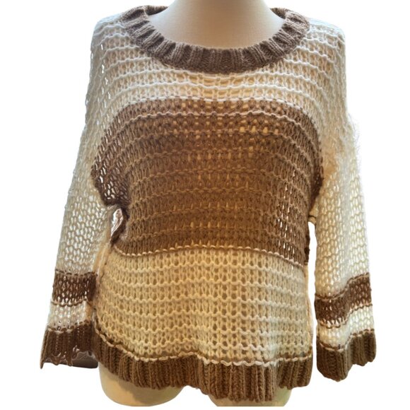 Free People Monaco Cream & Tan Striped Open-Knit Oversized Sweater XS - Picture 2 of 11